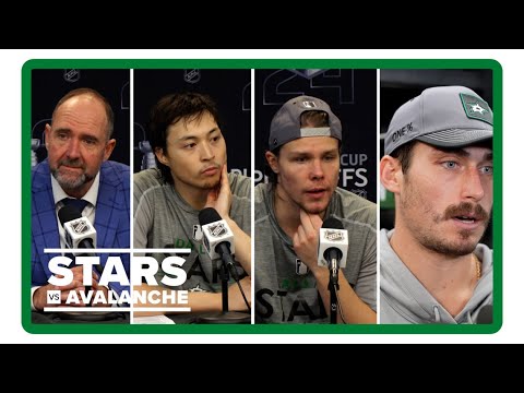 Pete DeBoer, Jason Robertson, Miro Heiskanen, Mason Marchment | Stars vs. Avalanche Game 2 postgame