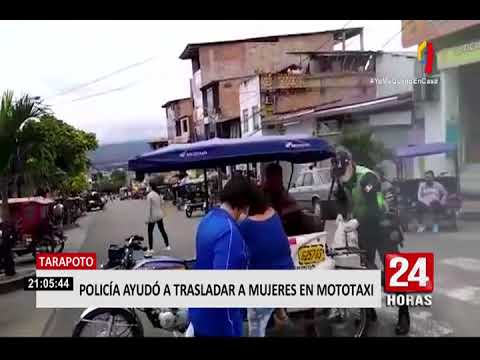 Tarapoto: policía traslada en su mototaxi a varias amas de casa