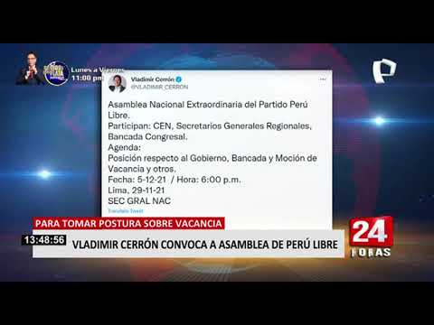 Vacancia presidencial: Cerrón anuncia Asamblea Nacional para fijar posición de Perú Libre