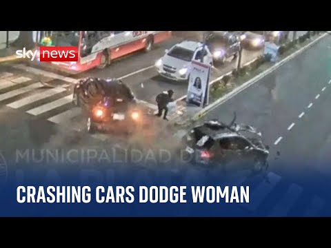 Lucky pedestrian walks away unharmed from centre of car crash