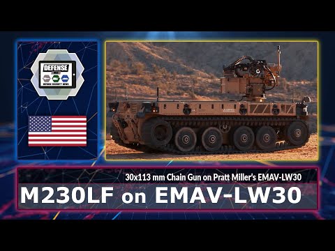 Live firing EMAV LW30 UGV with Northrop Grumman M230LF 30mm cannon used to counter drones