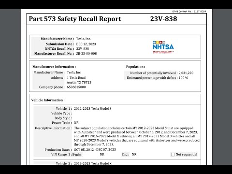 Mass Autopilot Recall 2 Million Teslas