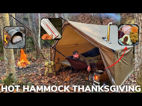 Solo Overnight Thanksgiving Special Testing a Hammock Hot Tent In The Woods with a Turkey Dinner