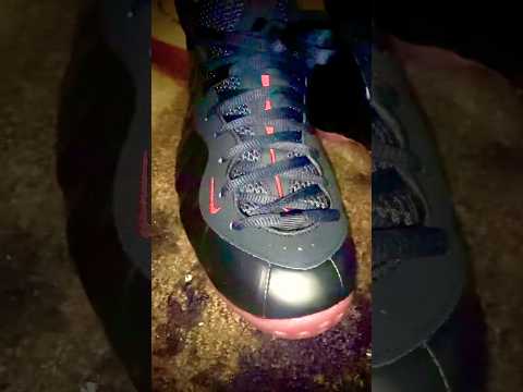 An up-close look at the “cough drops varsity red foamposites on feet. #foamposite #coughdrops