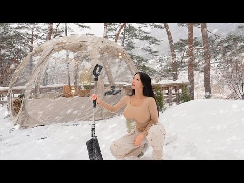 ❄️CAMPING IN SNOW STORM WITH HOT TENT  -17°CㅣSNOW CAMP ASMR