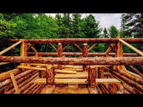 Lifting a 28 Foot Log Ridge Beam and Purlins onto My Cabin Alone in the Wilderness, Ep 18