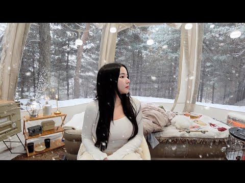 솔로 캠핑 | 설중캠핑❄️ | 360도 투명 원터치 텐트 | 캠핑 브이로그 ASMR | 배추전, 피자 | 폴라리스 P1