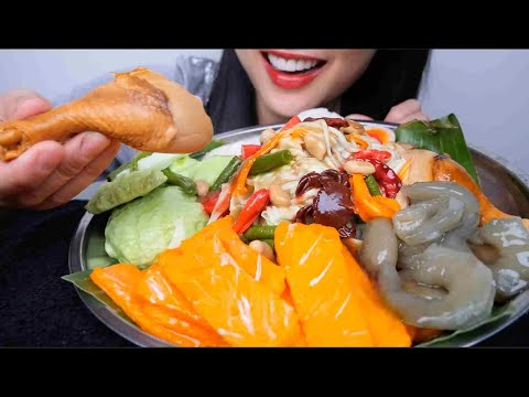 SPICY PAPAYA SALAD SALMON SASHIMI JELLO DESSERT PLATTER (ASMR EATING SOUNDS) NO TALKING | SAS-ASMR
