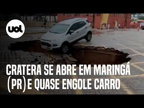 Cratera se abre no centro de Maringá (PR) e quase engole carro; veja vídeo