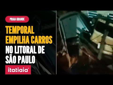 TEMPORAL CAUSA 'PILHA' DE CARROS EM PRAIA GRANDE, LITORAL DE SP