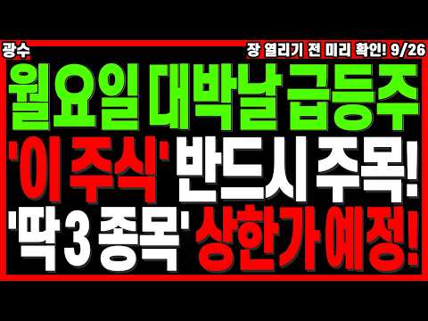 급등 대장주 주가전망) 월요일 대박날 급등주 '이 주식' 반드시 주목! '딱 ３종목' 상한가 폭등 예정! | 급등주 관련주 주도주 주식전망 디에스경제타임즈 광수