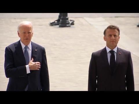 US President arrives for welcome ceremony with French President at the Arc de Triomphe in Paris