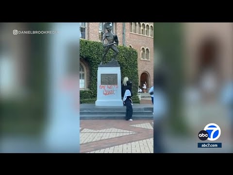 Pro-Palestinian demonstrators return to USC for another on-campus protest; statue vandalized