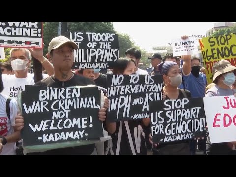 Dozens of activists stage noisy protest in Manila against visit by US secretary of state