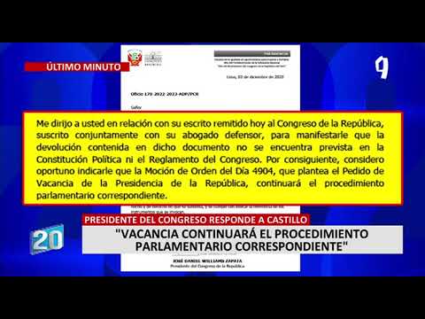 José Williams a Pedro Castillo: “Pedido de vacancia continuará el procedimiento correspondiente”