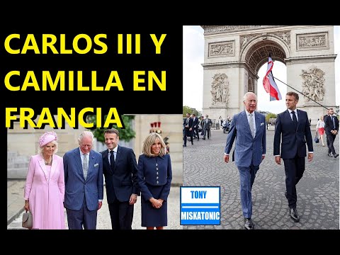 CARLOS III Y CAMILLA EN FRANCIA. SON RECIBIDOS POR EMMANUEL MACRON Y SU ESPOSA EN ARCO DEL TRIUNFO.