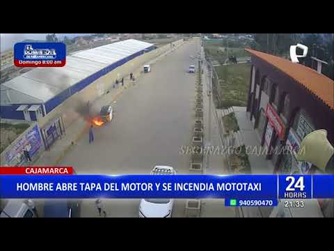 Cajamarca: hombre abre tapa del motor y se incendia mototaxi