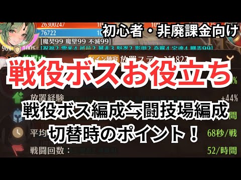 (初心者・非廃課金向け) 戦役ボス⇆闘技場で装備入れ替えをする時のチェックポイントをまとめましたのでご紹介します 放置少女
