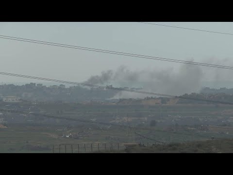 Plumes of smoke continue to billow on the Gaza skyline as seen from Southern Israel