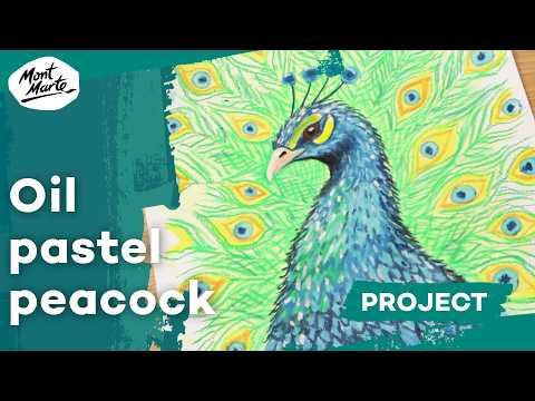 Peacock drawing in watersoluble oil pastels