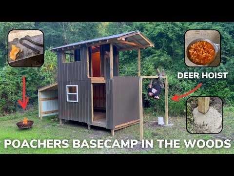 Solo Overnight Building a Poachers Basecamp with a Deer Hoist in The Woods and Lasagna
