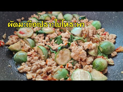 ผัดมะเขือเปราะอกไก่ใบโหระพา