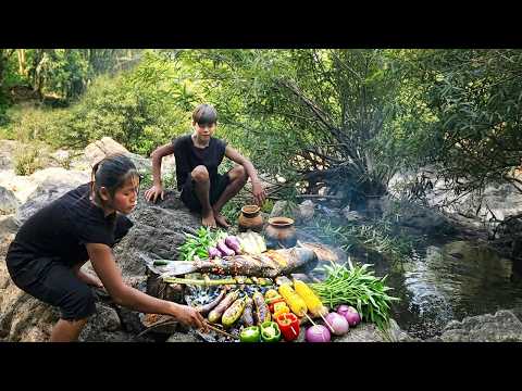 Roasted Big Fish with Spicy Recipe 🌶️-Outdoor River Cooking & Eating Show