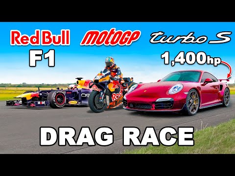 Thrilling Race: Porsche 911 Turbo S vs. Red Bull Formula One Car vs. Moto GP Bike