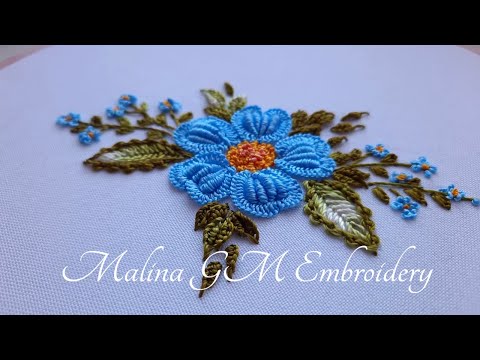 New Design Floral Embroidery Blue Flower Petals Heart Dimensional stitches