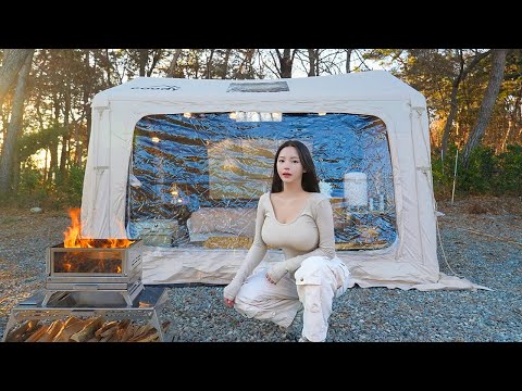 -10℃ HOT INFLATABLE TENT CAMPING IN THE FORESTㅣFIRE CAMP ASMR