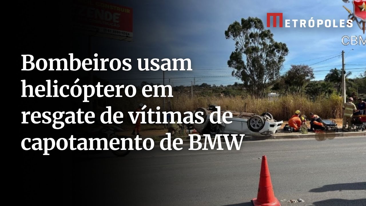 Bombeiros usam helicóptero em resgate de vítimas de capotamento de BMW