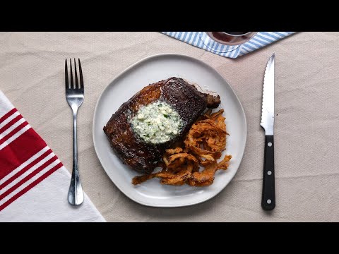 Rib Eye Steak With Blue Cheese Compound Butter And Crispy Onion Strings ? Tasty