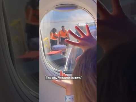 Young passenger plays Rock, Paper, Scissors with ground crew