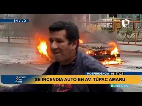 Peligro en Independencia: se incendió auto a balón de gas en plena avenida Túpac Amaru