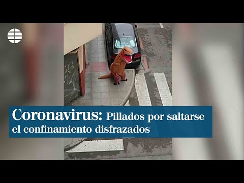 Pillados por  saltarse el confinamiento disfrazado de dinosaurio y paseando un perro de peluche