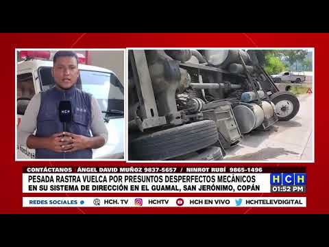 Chofer de rastra sobrevive tras arrancar postes y salirse de la carretera en Copán