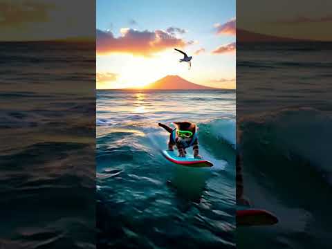 Extreme Cat Surfing : Watch Fluffy Take On The Waves! #cat #cuteanimal #shorts