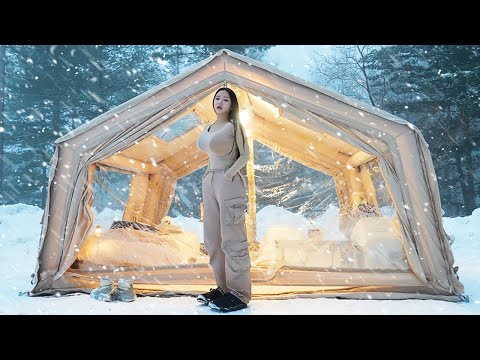 ❄️Camping in Heavy Snow with Inflatable Tent | Snow ASMR