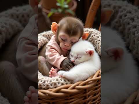 🐾WAAW! What a Cute Cuddle! Baby Monkey & Kitten Melt Hearts ❤️🐱#shorts #ai #kitten