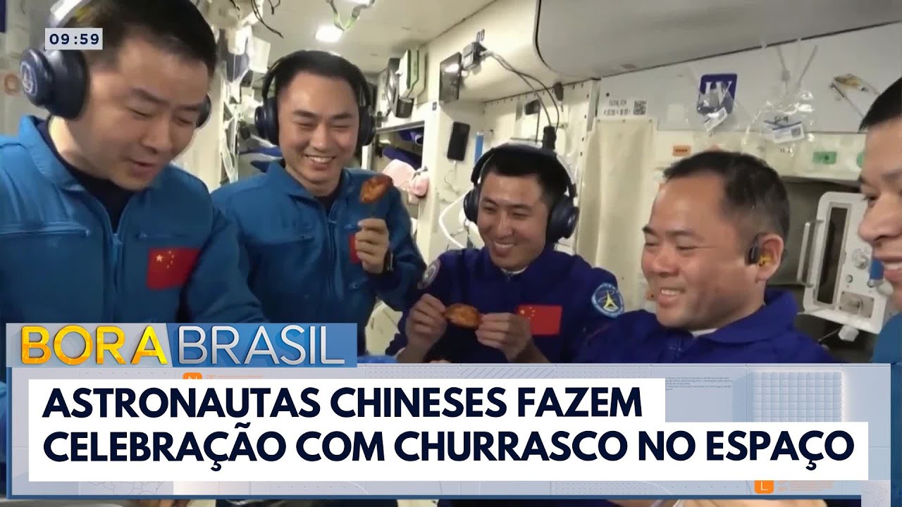 Astronautas chineses celebram a chegada de nova tripulação com churrasco no espaço