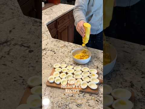 Pumpkin deviled eggs! #halloween #halloweenparty #recipe