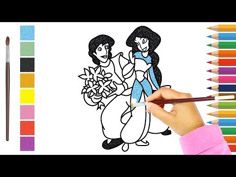 Drawing & Glitter Colouring of Princess Jasmine & Aladdin for Kids