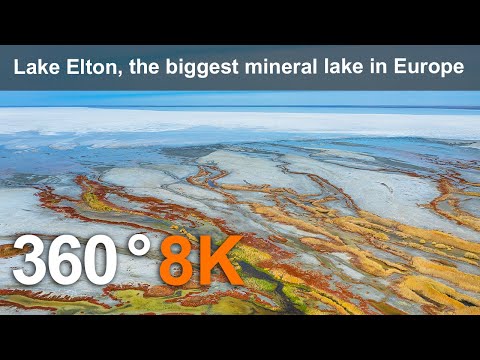 Elton Lake, the biggest mineral lake in Europe. 8K aerial 360 video.