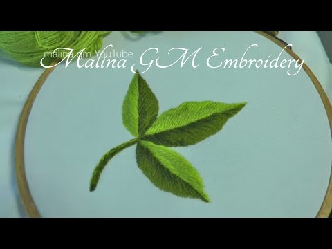 Wool Embroidery | long and short stitches | Green Leaf | Art Embroidery | in detail