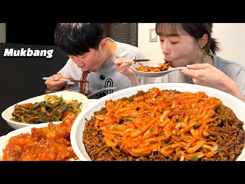 🥒💕 짜르르 잔뜩 끓여서 깐풍기랑 먹방✨ <strong>Jjajang</strong> ramen, cucumber kimchi MUKBANG