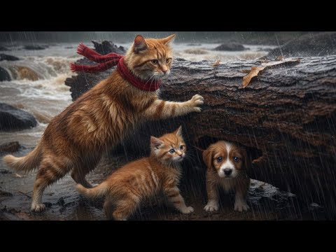 Puppy Trapped Under Log 😢💔 Brave Mama Cat & Ginger Kitten Rush to Save Him! 🐱🐶🌧️