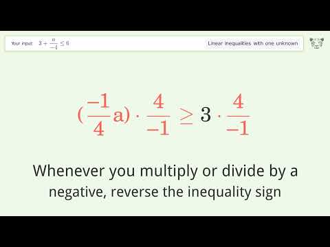3+a/(-4) less than or equal to 6 - Solve linear inequalities with one unknown
