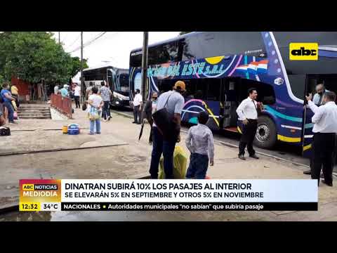 Dinatran subirá 10% el precio de los pasajes al interior del país