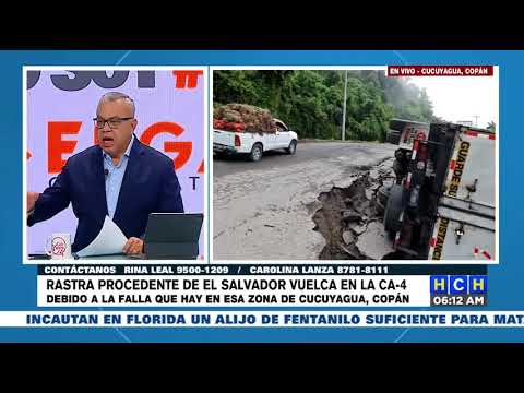 Camión con placas salvadoreñas sufre percance en la dañada CA-4, Cucuyagua Copán