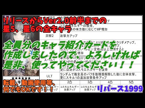 【リバース1999】リリースからバージョン2.0前半までの星5、星6の全員分のキャラ紹介カードを作成しましたので、宜しければ是非使ってやってください！！転載、動画使用等、何でもOKです！！